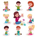 Cute little boys and girls learning letters with their teacher set, kids learning through fun and play colorful cartoon