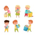 Cute little boys and girls putting toys into boxes set. Kids doing housework chores at home cartoon vector illustration