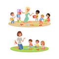 Cute Little Boys and Girls Studying Alphabet with Their Teacher, Kids Education and Upbringing Cartoon Vector