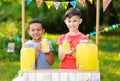 Cute little boys at lemonade stand. Summer refreshing natural drink