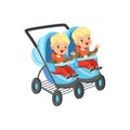 Cute little boys sitting in a blue baby carriage for twins, safety handle transportation of small kids vector