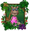 Cute Little Brown Hippopotamus Kid In Forest With Tropical Plant Flower In Wood Square Frame Cartoon