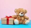 Cute little brown teddy bear holds a brown box with a red ribbon Royalty Free Stock Photo