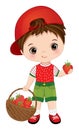 Cute Little Brunette Boy with Basket of Strawberries Royalty Free Stock Photo