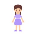 Cute Little Brunette Girl with Pigtails is standing in a dress and shoes. Happy Child Smiles. Female Character full length. Flat