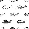 Cute little bugs, ladybugs on white background, seamless pattern. Doodle insects