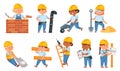 Cute little builders in uniform, kids with construction tools. Cartoon children characters in hard hat working at