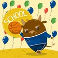 Cute little bull in school uniform playing basketball