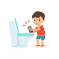 Cute little bully boy throwing phone into the toilet, hoodlum cheerful little kid, bad child behavior vector