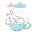 Cute little bunnies in a cup. Funny clouds in the background. Cartoon hand drawn vector illustration.