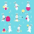 Cute Little Bunnies with Decorated Eggs Set, Adorable White Easter Rabbits, Easter Egg Hunt Card, Poster, Invitation Royalty Free Stock Photo