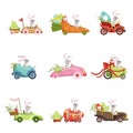 Cute little bunnies driving vintage car with colored eggs set, funny rabbit characters, Happy Easter concept cartoon Royalty Free Stock Photo