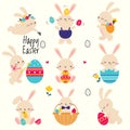 Cute Little Bunnies Set, Adorable Pink Easter Rabbits with Colorful Eggs, Easter Egg Hunt Card, Poster, Invitation Royalty Free Stock Photo