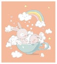 Cute little bunnies take baths in a cup. Funny rainbow, foam and clouds on the background. Cartoon hand drawn