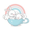 Cute little bunnies take baths in a cup. Funny rainbow, foam and clouds on the background. Cartoon hand drawn vector