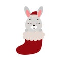 Cute little bunny in Christmas sock. Cartoon animal character for kids cards, baby shower, invitation, poster, t-shirt Royalty Free Stock Photo