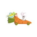 Cute little bunny driving car carrot, funny rabbit character, Happy Easter concept cartoon vector Illustration Royalty Free Stock Photo