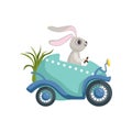 Cute little bunny driving Easter blue car egg, funny rabbit character, Happy Easter concept cartoon vector Illustration
