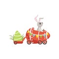 Cute little bunny driving Easter red car egg, funny rabbit character, Happy Easter concept cartoon vector Illustration Royalty Free Stock Photo