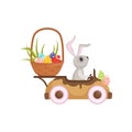 Cute little bunny driving vintage car with Easter eggs basket, funny rabbit character, Happy Easter concept cartoon Royalty Free Stock Photo