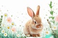 Cute little bunny and Easter eggs on white background, closeup. Cute little rabbit on white background. Easter concept Royalty Free Stock Photo