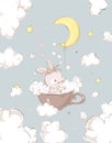 Cute little bunny girl with the wreath on the head take baths in a cup. Moon, foam and clouds on the background. Cartoon