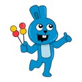 Cute little bunny is having a happy face carrying candy sticks, doodle icon image kawaii