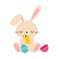 Cute Little Bunny Holding Spring Birdie, Adorable Pink Easter Rabbit, Easter Egg Hunt Card, Poster, Invitation Template