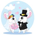 Cute little bunny in love valentine`s day. illustration of wedding couple of bunnies. Just married