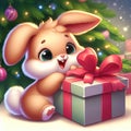 Cute little bunny opening a box with a gift, Christmas funny cartoon illustration
