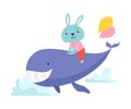 Cute Little Bunny Riding Whale, Funny Adorable Animal in Transport Vector Illustration Royalty Free Stock Photo