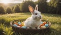 A cute little bunny sits in a nest of grass on many different colored Easter eggs in a meadow in spring Royalty Free Stock Photo