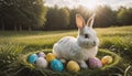 A cute little bunny sits in a nest of grass on many different colored Easter eggs in a meadow in spring Royalty Free Stock Photo