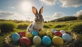 A cute little bunny sits in a nest of grass on many different colored Easter eggs in a meadow in spring Royalty Free Stock Photo
