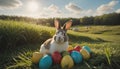 A cute little bunny sits in a nest of grass on many different colored Easter eggs in a meadow in spring Royalty Free Stock Photo