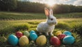 A cute little bunny sits in a nest of grass on many different colored Easter eggs in a meadow in spring Royalty Free Stock Photo