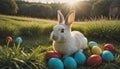 A cute little bunny sits in a nest of grass on many different colored Easter eggs in a meadow in spring Royalty Free Stock Photo