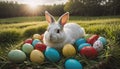 A cute little bunny sits in a nest of grass on many different colored Easter eggs in a meadow in spring Royalty Free Stock Photo