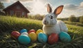 A cute little bunny sits in a nest of grass on many different colored Easter eggs in a meadow in spring Royalty Free Stock Photo