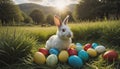 A cute little bunny sits in a nest of grass on many different colored Easter eggs in a meadow in spring Royalty Free Stock Photo