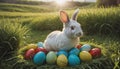 A cute little bunny sits in a nest of grass on many different colored Easter eggs in a meadow in spring Royalty Free Stock Photo