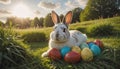 A cute little bunny sits in a nest of grass on many different colored Easter eggs in a meadow in spring Royalty Free Stock Photo