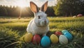 A cute little bunny sits in a nest of grass on many different colored Easter eggs in a meadow in spring Royalty Free Stock Photo