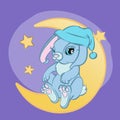 A cute little bunny in a sleeping cap sits on the moon against a starry sky.