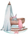 A cute little bunny sleeps in a cradle. Boho style.