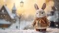 Cute little bunny in warm clothes on snowy street. Winter holidays, horizontal Christmas card. Generative AI