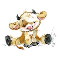 Cute little calf JPEG, PNG. funny cow watercolor illustration. cartoon bul. Royalty Free Stock Photo