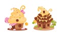 Cute little candy houses set. Lovely cottages made of sweet desserts cartoon vector illustration Royalty Free Stock Photo