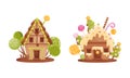 Cute little candy houses set. Lovely cottages made of sweets cartoon vector illustration Royalty Free Stock Photo