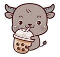 Cute Little Carabao Hug Bubble Milk Tea. Hand drawing vector.